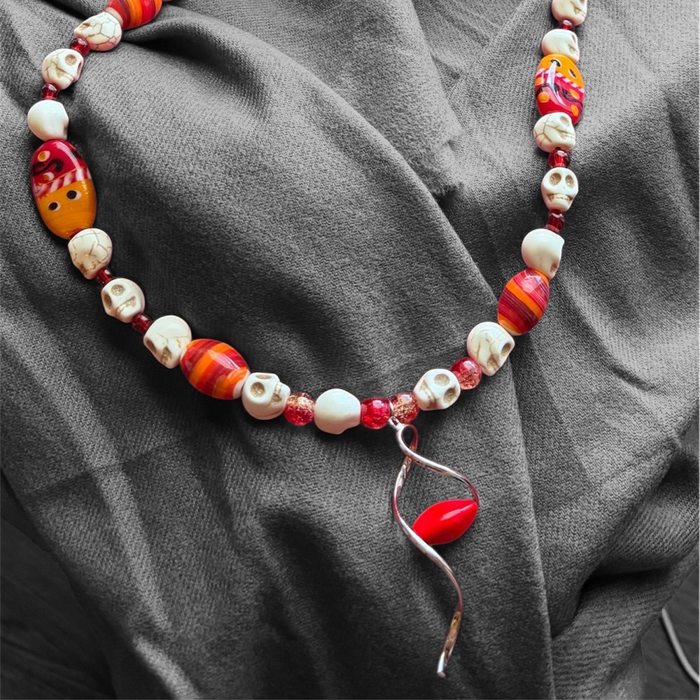 Day of the Dead Inspired-Handcrafted Red and White Skull Bead Necklace
